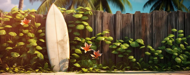 A vintage used up surfboard lying against a wooden garden fence in a tropical island Generative ai