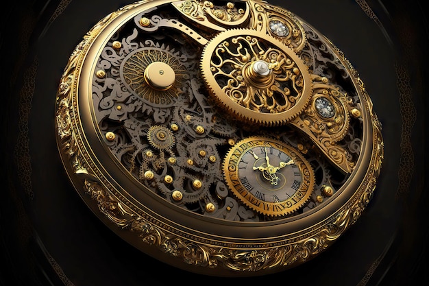 Vintage uurwerk met kleine wijzerplaten en gouden tandwielen met ornament