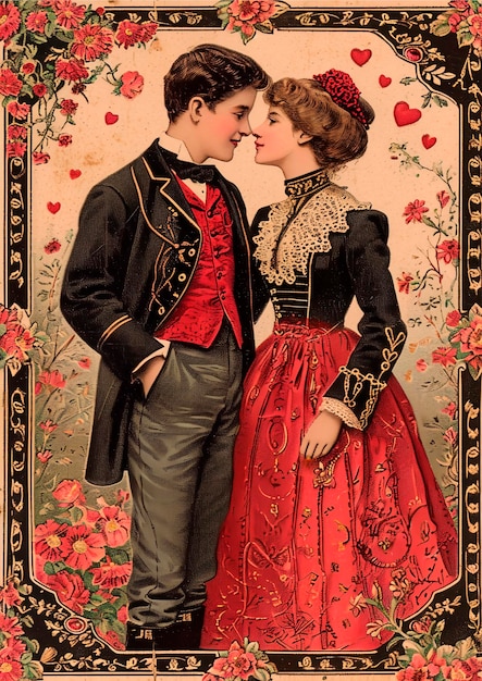 Vintage Valentines Day card collage with people in love