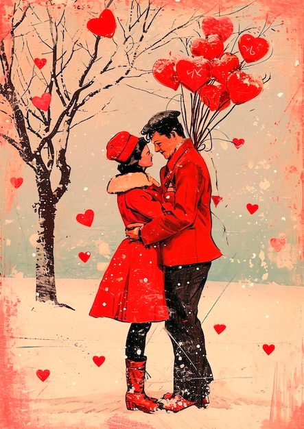 Vintage Valentines Day card collage with people in love