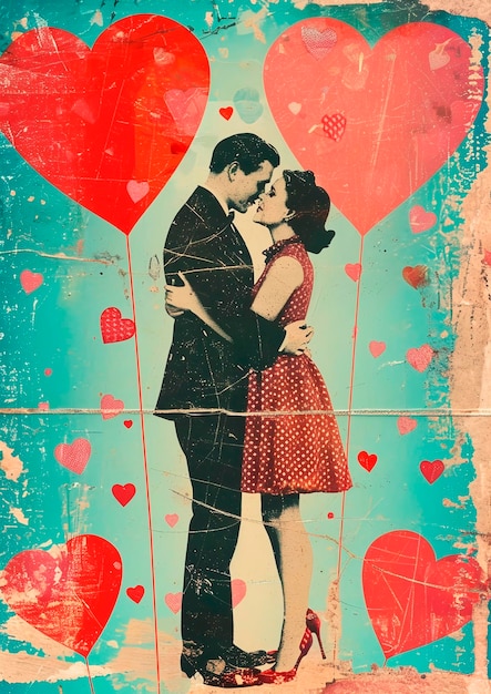 Foto collage di biglietti di san valentino vintage con persone innamorate