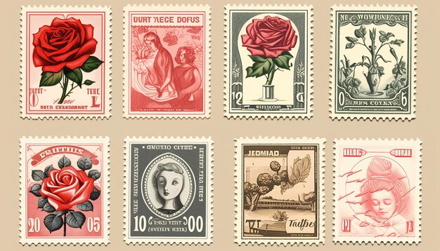 vintage Valentines Day postage stamp collection generated by artificial intelligence