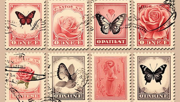 vintage Valentines Day postage stamp collection generated by artificial intelligence