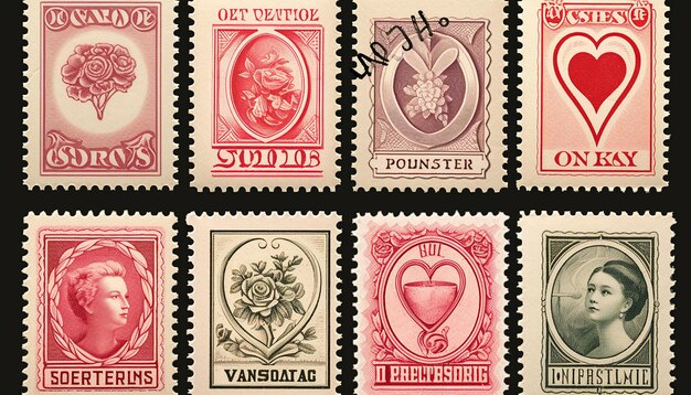 Vintage Valentines Day postzegel collectie gegenereerd door kunstmatige intelligentie