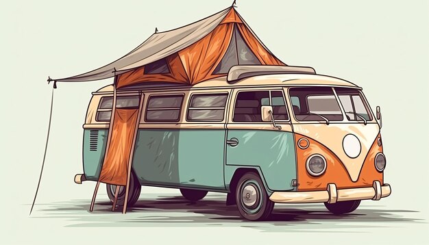 Vintage van with an tent awning for camping and travel on a light background AI generated