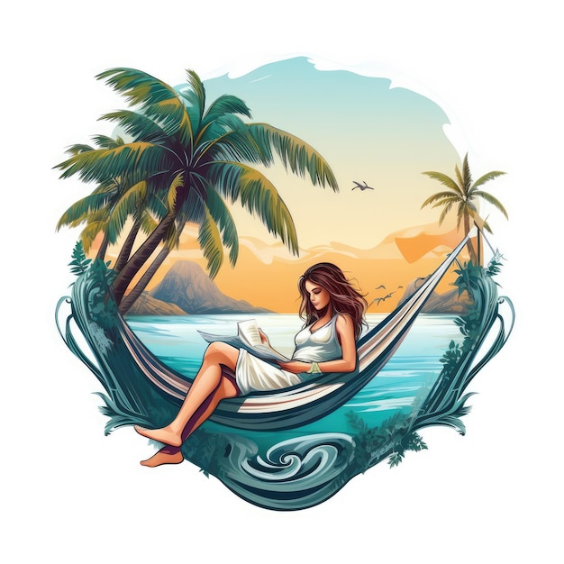 Vintage Vector Logo Serene Beach Scene with Girl Relaxing in a Hammock Reading a Book