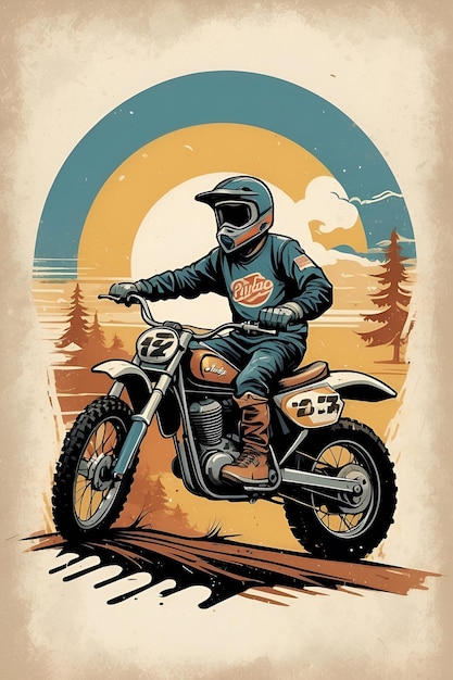 Vintage Vibe Retro Dirt Bike Cartoon with Classic Design Distressed Textures and Nostalgic Colo