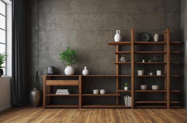 Vintage Vibes Empty Room with Wooden Shelves