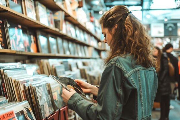 Vintage vibes in een vinyl platenwinkel waar muziekliefhebbers klassiekers verkennen Hedendaagse moderne mensen