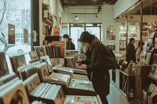 Vintage vibes in een vinyl platenwinkel waar muziekliefhebbers klassiekers verkennen Hedendaagse moderne mensen