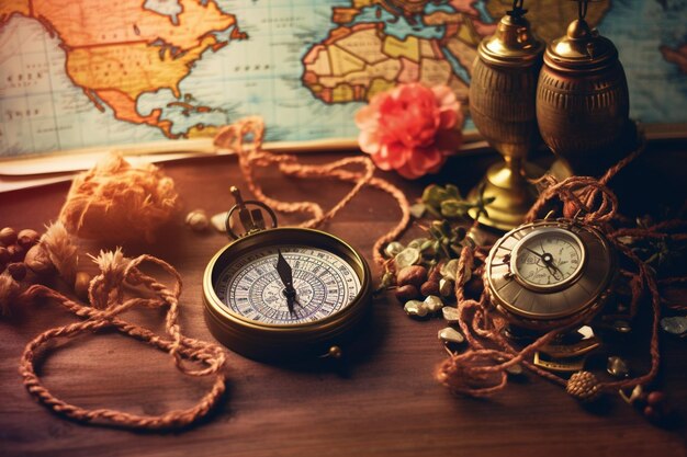 Photo vintage vibes travel elements on a map