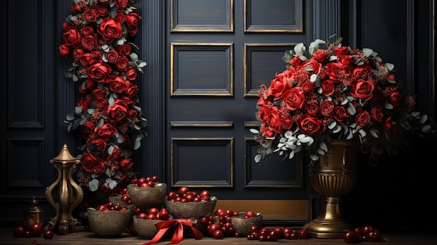 Vintage victorian cottage door with a christmas wreath filled with roses inside Christmas time