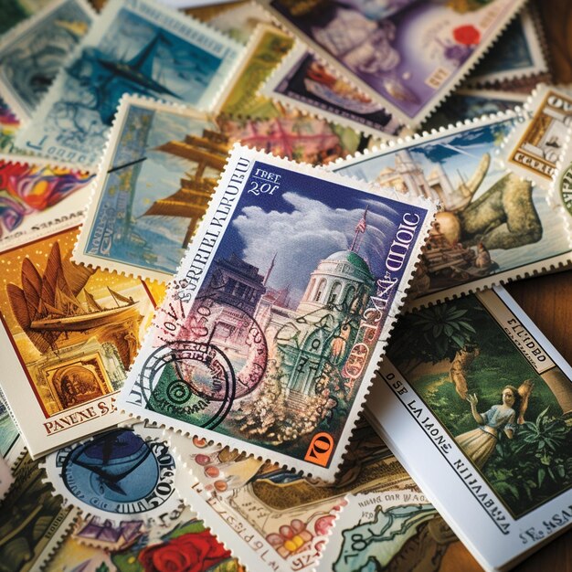 Foto vintage vignetten creëren een visuele symfonie met postzegels