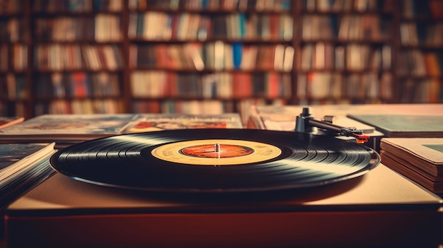 Vintage vinyl record and player closeup with a music library collection in the background retro