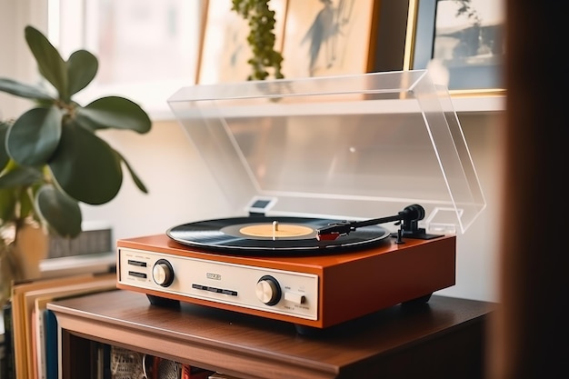 Photo vintage vinyl record player in stylish home interior