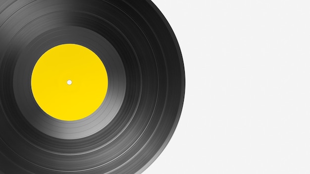 Vintage Vinyl record on white background with copy space. Yellow label mock up