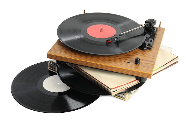 Photo vintage vinyl records and turntable on white background