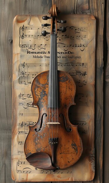 Vintage violin on aged sheet music background