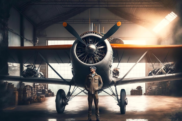 Vintage vliegtuig met propeller staat in hangar en piloot ervoor