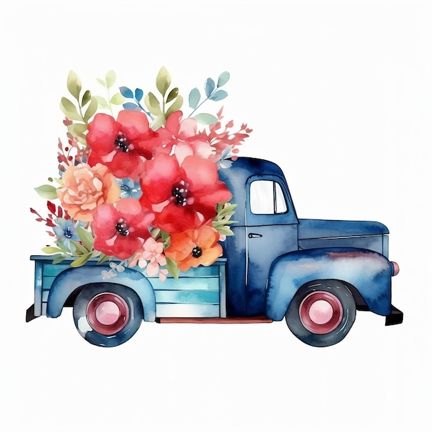 Vintage vrachtwagen met bloemen Aquarel hand getrokken Clipart geïsoleerd op witte achtergrond generatieve ai