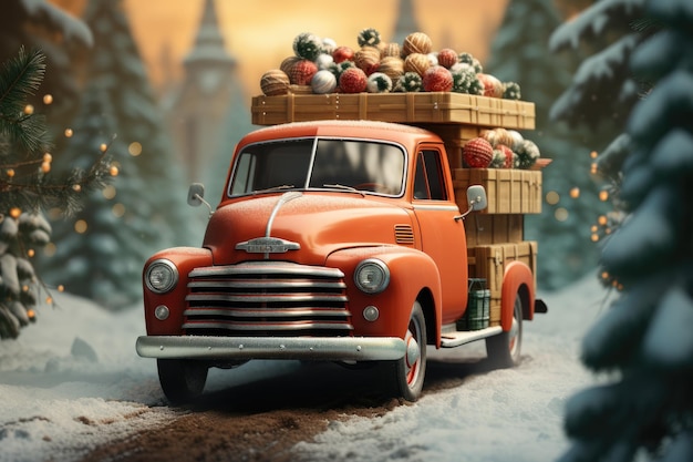 Vintage vrachtwagen met kerstboom vrolijk kerstfeest concept
