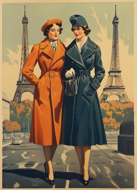 Foto vintage vrouwen kussen poster franse mode show vintage reis poster met jonge vrouw