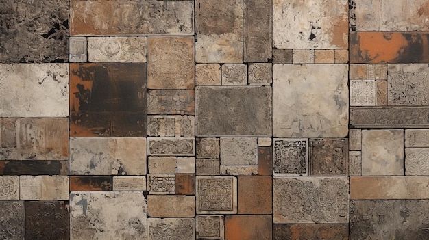 Винтажная стена с коричневыми и кремовыми плитками для древнего дизайна фона