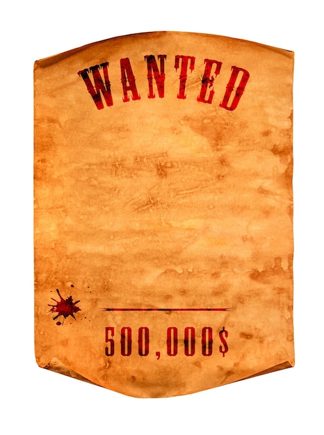 Vintage wanted poster with curled edge on a white background