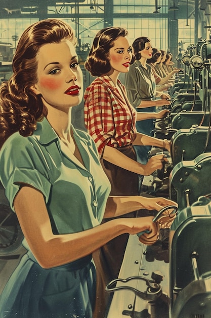 Foto un'immagine in stile poster vintage di donne che lavorano nelle fabbriche