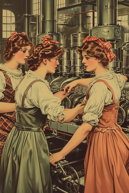 Foto un'immagine in stile poster vintage di donne che lavorano nelle fabbriche