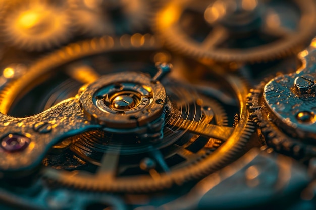 Макрофотография механизма старинных часов, изображающая шестерни и сложные детали
