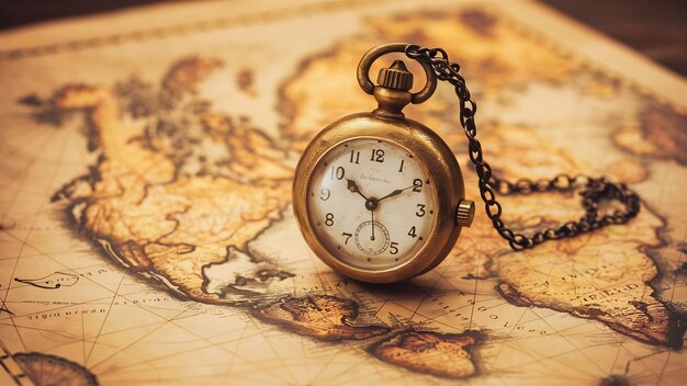 Vintage watch necklace on old world map