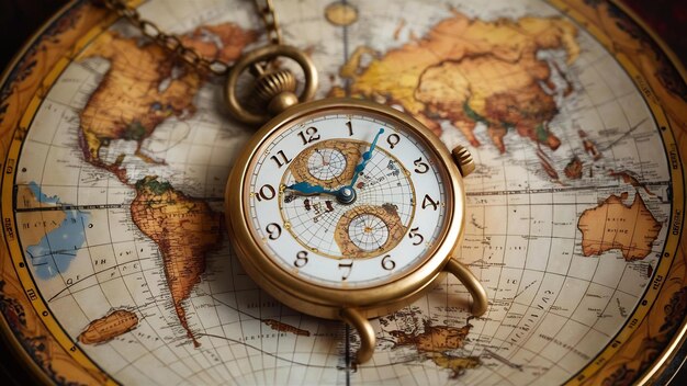 古い世界地図のヴィンテージ時計のネックレス