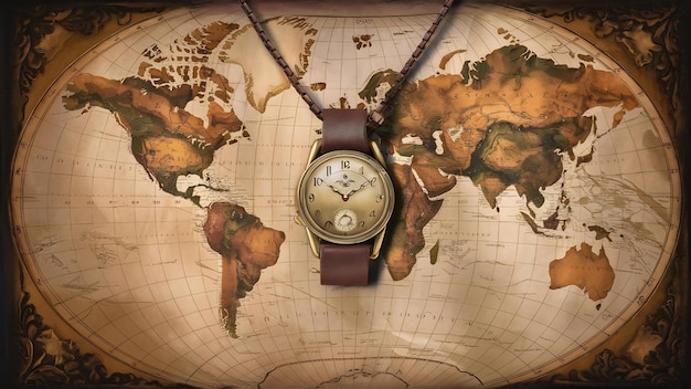 Ожерелье с винтажными часами на карте старого мира