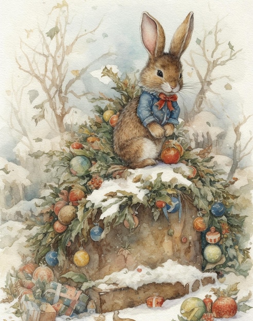 Vintage watercolor christmas drawing of hare with gifts vintage xmas card forest animal