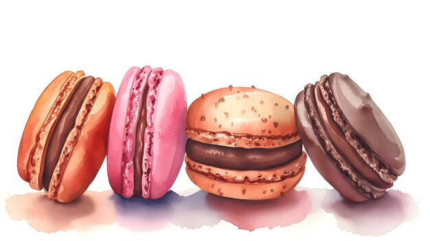Vintage Watercolor Delights French Macaroons in Assorted Hues Generative AI