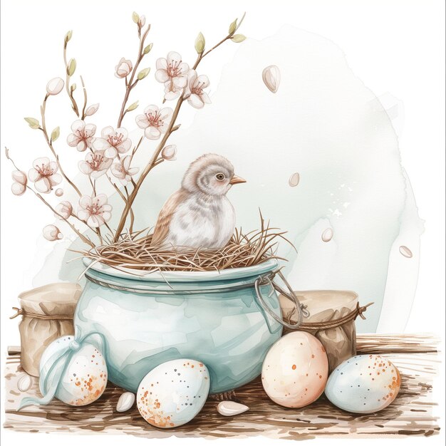 Vintage watercolor easter illustration hygge style