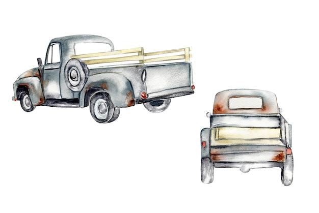 Винтажные акварельные зеленые грузовики устанавливают нарисованную вручную иллюстрацию старого ретро-автомобиля