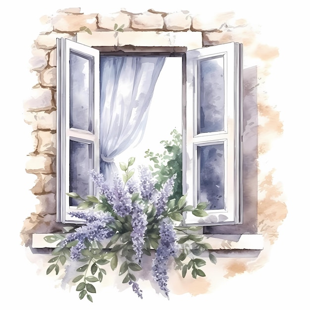 Vintage watercolor old European balcony window with flowers