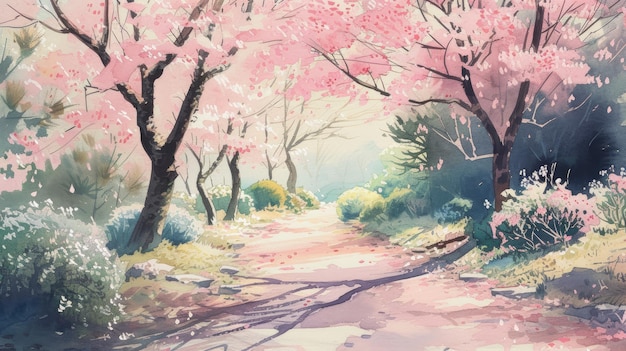 桜の花の道のヴィンテージの水彩画