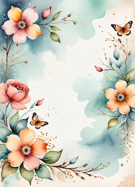 Vintage Watercolor paper with flowers and butterlies