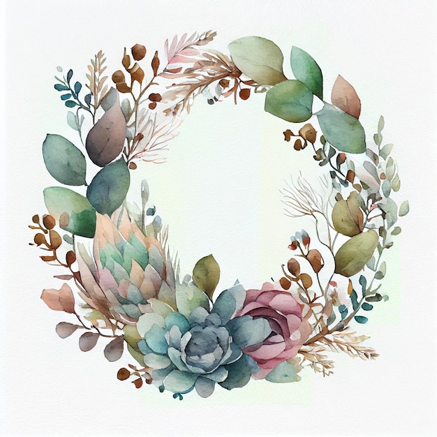 Vintage watercolor of round flower card elements circle border