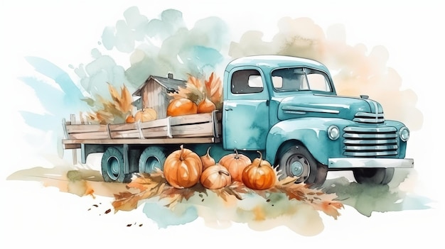 Vintage Watercolor Turquoise Truck with Autumn Farm Plants