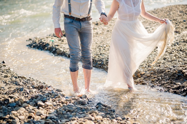 Vintage wedding couple, luxury ceremony at mountains with amazing