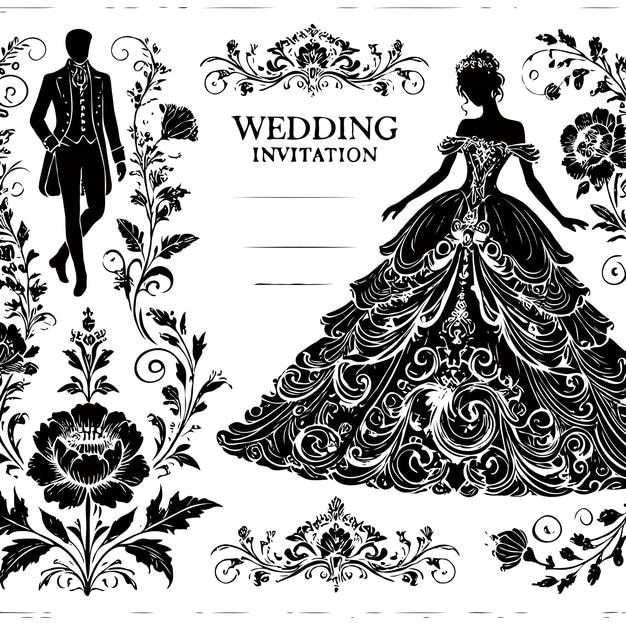 Vintage Wedding Invitation Design Vintage uitnodigingskaart met bloemenornament en bruid en bruidegom