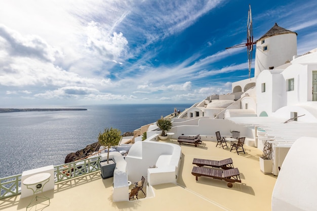 Vintage white architecture on Santorini island, Greece. Romantic travel landscape sea view. Oia