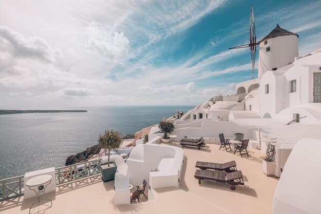 Vintage white architecture on Santorini island, Greece. Romantic travel landscape sea view. Oia