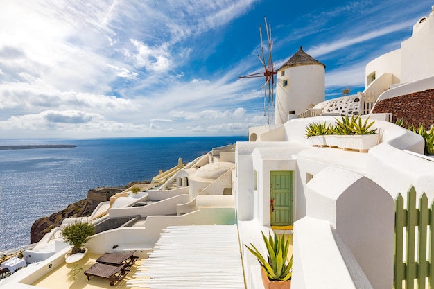 Vintage white architecture on Santorini island, Greece. Romantic travel landscape sea view. Oia