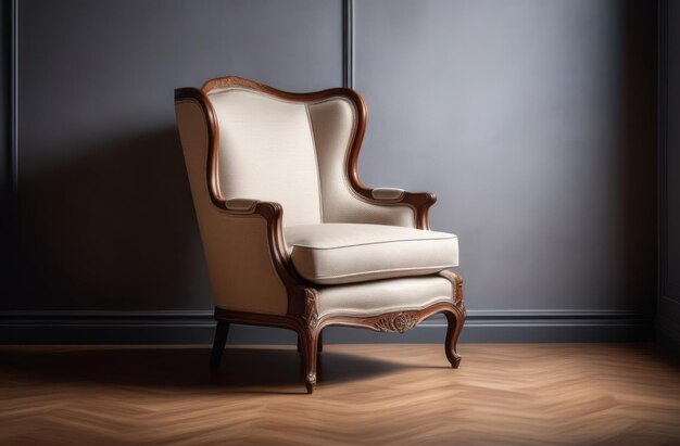 Vintage white chair in 80s style in a dark room against a gray empty wall Retro interior