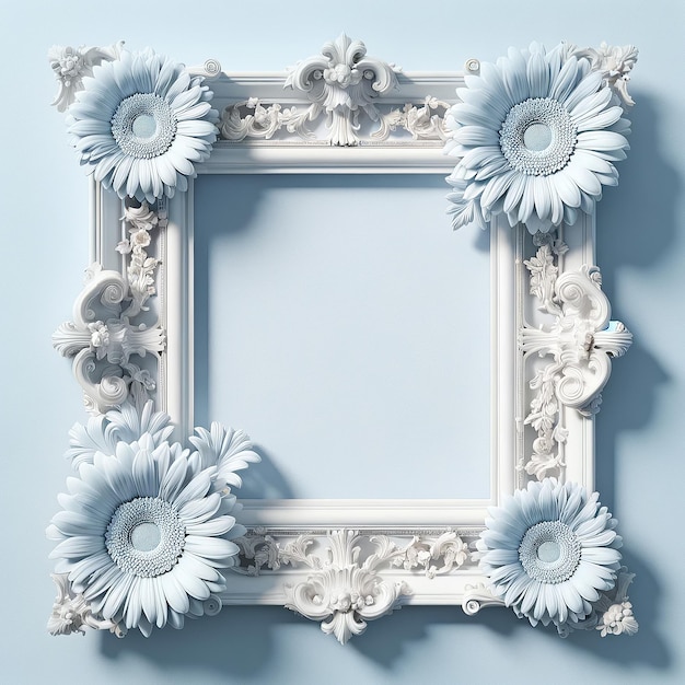 Vintage white ornate frame with blue floral accents blue background Mothers Day card copy space